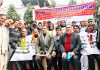 Former Minister and Congress leader, Sham Lal Sharma, sitting on dharna with PoK DPs at Bakshi Nagar, Jammu.