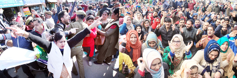 NHM employees clashing with police during a rally at Jammu (left) and staging peaceful protest in Kashmir (right). -Excelsior/Rakesh, Shakeel NHM employees clashing with police during a rally at Jammu (left) and staging peaceful protest in Kashmir (right). -Excelsior/Rakesh, Shakeel