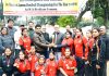 Dignitaries awarding the winner team of Handball Championship at MA Stadium Jammu on Wednesday.