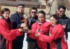 Winners of Women's Ice Hockey Tournament receiving Trophy from the dignitaries in Leh.