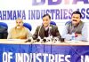 Chairman FoIJ, Lalit Mahajan and other office bearers at press conference at Bari Brahmana on Monday.