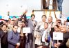 PCC leaders and activists protesting at Satwari Chowk in Jammu on Monday. -Excelsior/Rakesh