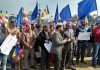 People belonging to SC, ST and OBC categories staging protest at Ambedkar Chowk in Jammu.