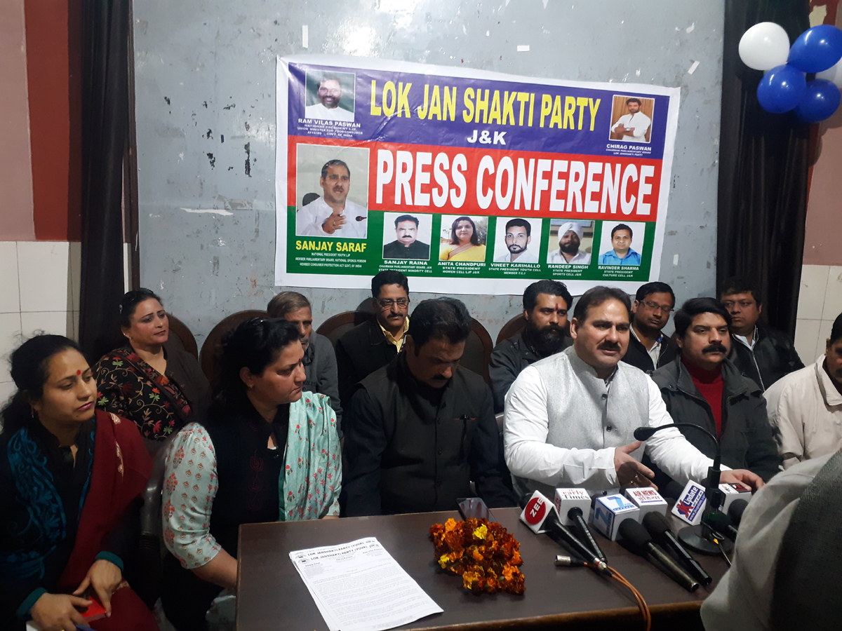 Lok Janshakti Party leader addressing a press conference at Jammu on Monday. Lok Janshakti Party leader addressing a press conference at Jammu on Monday.