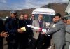 JK Bank officials handing over key of ambulance to BGSBU, Rajouri on Friday.