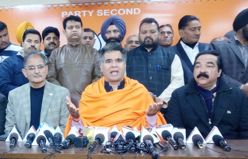 BJP State president, Ravinder Raina along with other senior leaders interacting with media at party headquarters in Jammu. BJP State president, Ravinder Raina along with other senior leaders interacting with media at party headquarters in Jammu.