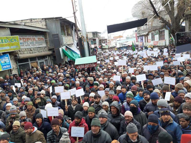 A massive procession being taken out by the people in Kargil town on Friday. -Excelsior/ Basharat Ladakhi A massive procession being taken out by the people in Kargil town on Friday. -Excelsior/ Basharat Ladakhi