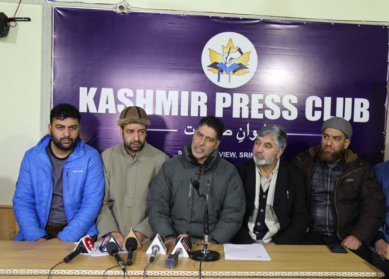 EJAC leaders addressing a press conference in Srinagar. -Excelsior/Shakeel EJAC leaders addressing a press conference in Srinagar. -Excelsior/Shakeel