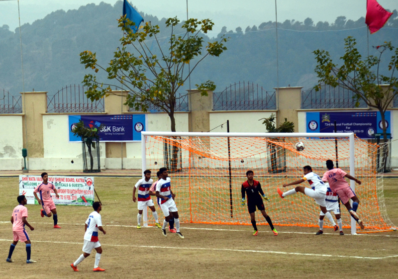 Players in action during Santosh Trophy match in Katra on Tuesday. Players in action during Santosh Trophy match in Katra on Tuesday.
