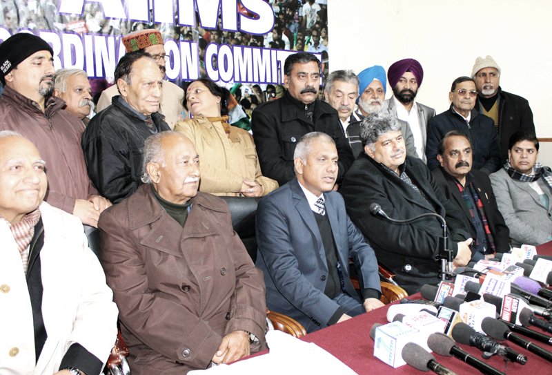 Members of AIIMS Coordination Committee addressing a press conference at Jammu on Friday. -Excelsior/Rakesh Members of AIIMS Coordination Committee addressing a press conference at Jammu on Friday. -Excelsior/Rakesh