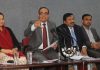 Principal Secretary Planning, Development & Monitoring Rohit Kansal, flanked by other officers, addressing press conference in Jammu on Sunday. — Excelsior/Rakesh
