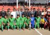 Young footballers posing along with Advisor K Vijay Kumar and other dignitaries during inaugural ceremony of Santosh Trophy at Katra.