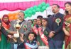 Provincial President National Conference Devender Singh Rana felicitating students during Annual Day Function of Chandi Public School at Ranjan in Jammu.