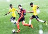 Players in action being during I-Leagues match between Real Kashmir and Gokulam Kerala played under snow and rain in Srinagar. -Excelsior/Shakeel