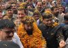 Former Minister, Ch. Lal Singh being given warm reception at Chhan Rhorian in Hiranagar on Wednesday.