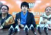 BJP Mahila Morcha president, Rajni Sethi talking to reporters at Jammu on Saturday.