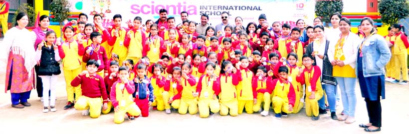 Students posing along with dignitaries during Annual Sports Day celebration at SCIENTIA International School in Jammu. Students posing along with dignitaries during Annual Sports Day celebration at SCIENTIA International School in Jammu.