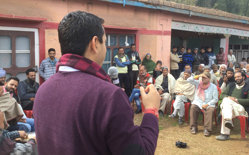 BJP spokesperson Ranbir Singh Pathania addressing a public gathering at Ramnagar. BJP spokesperson Ranbir Singh Pathania addressing a public gathering at Ramnagar.
