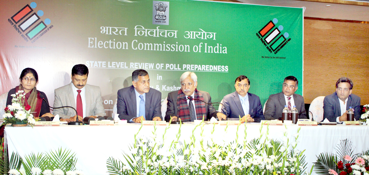 Full Election Commission at a press conference in Jammu on Tuesday. -Excelsior/Rakesh Full Election Commission at a press conference in Jammu on Tuesday. -Excelsior/Rakesh