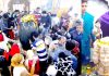 Devotees paying obeisance at Ranbireshwar Temple Jammu (left) and Shiv Temple at Hanuman Mandir Srinagar (right) on the occasion of Maha-Shivratri on Monday. -Excelsior/Rakesh/Shakeel