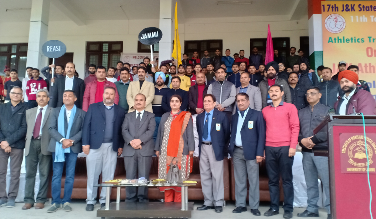Athletes posing along with VC JU, Prof Manoj Dhar and other dignitaries in Jammu on Monday. Athletes posing along with VC JU, Prof Manoj Dhar and other dignitaries in Jammu on Monday.