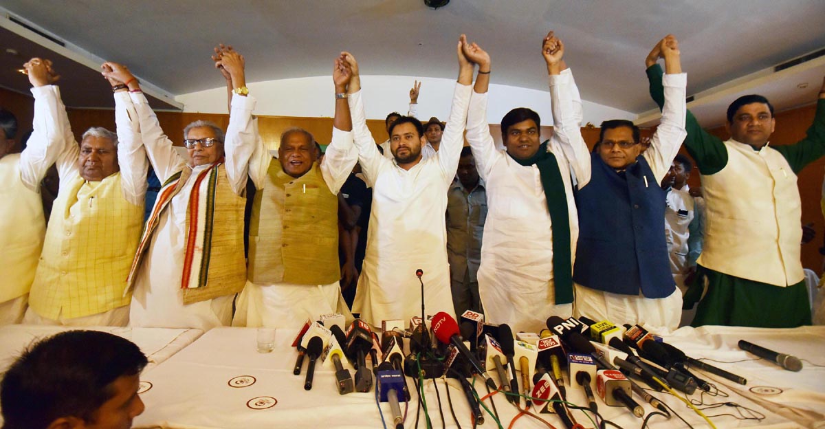 Rashtriya Janata Dal leader Tejashwi Yadav alongwith Hindustani Awam Morcha (Secular) Chief Jitan Ram Manjhi and others after announcement of Grand Alliance's candidates list for upcoming Lok Sabha election 2019, in Patna on Friday. (UNI) Rashtriya Janata Dal leader Tejashwi Yadav alongwith Hindustani Awam Morcha (Secular) Chief Jitan Ram Manjhi and others after announcement of Grand Alliance's candidates list for upcoming Lok Sabha election 2019, in Patna on Friday. (UNI)