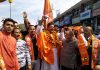 Shiv Sena leader Manish Sahni along with party leaders and his supporters during a rally at Jammu.