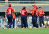 England players celebrating after dismissal of Harleen B Deol, during 1st T20 women cricket match against India at ACA Stadium, Barsapara in Guwahati on Monday. (UNI)