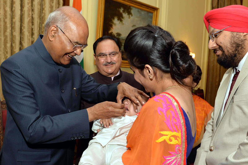 President Ram Nath Kovind launching the pulse polio programme by administering polio drops to a few children at Rashtrapati Bhavan on Saturday. (UNI) President Ram Nath Kovind launching the pulse polio programme by administering polio drops to a few children at Rashtrapati Bhavan on Saturday. (UNI)
