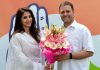 Congress President Rahul Gandhi greets Bollywood actor Urmila Matondkar as she joins Congress Party on Wednesday.