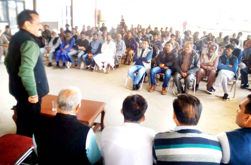 Senior Cong leader Jugal Kishore addressing workers’ meeting at Pouni in Reasi. Senior Cong leader Jugal Kishore addressing workers’ meeting at Pouni in Reasi.