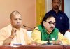 Uttar Pradesh Chief Minister Yogi Adititynath addressing press conference on completing two years of his government at party office in Lucknow on Tuesday. (UNI)
