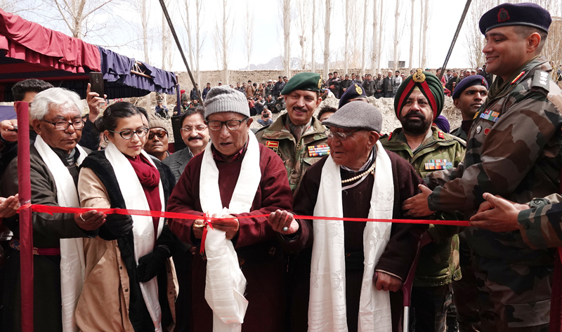 Senior war veteran Phunchok Angdus inaugurating cable suspension bridge. Senior war veteran Phunchok Angdus inaugurating cable suspension bridge.