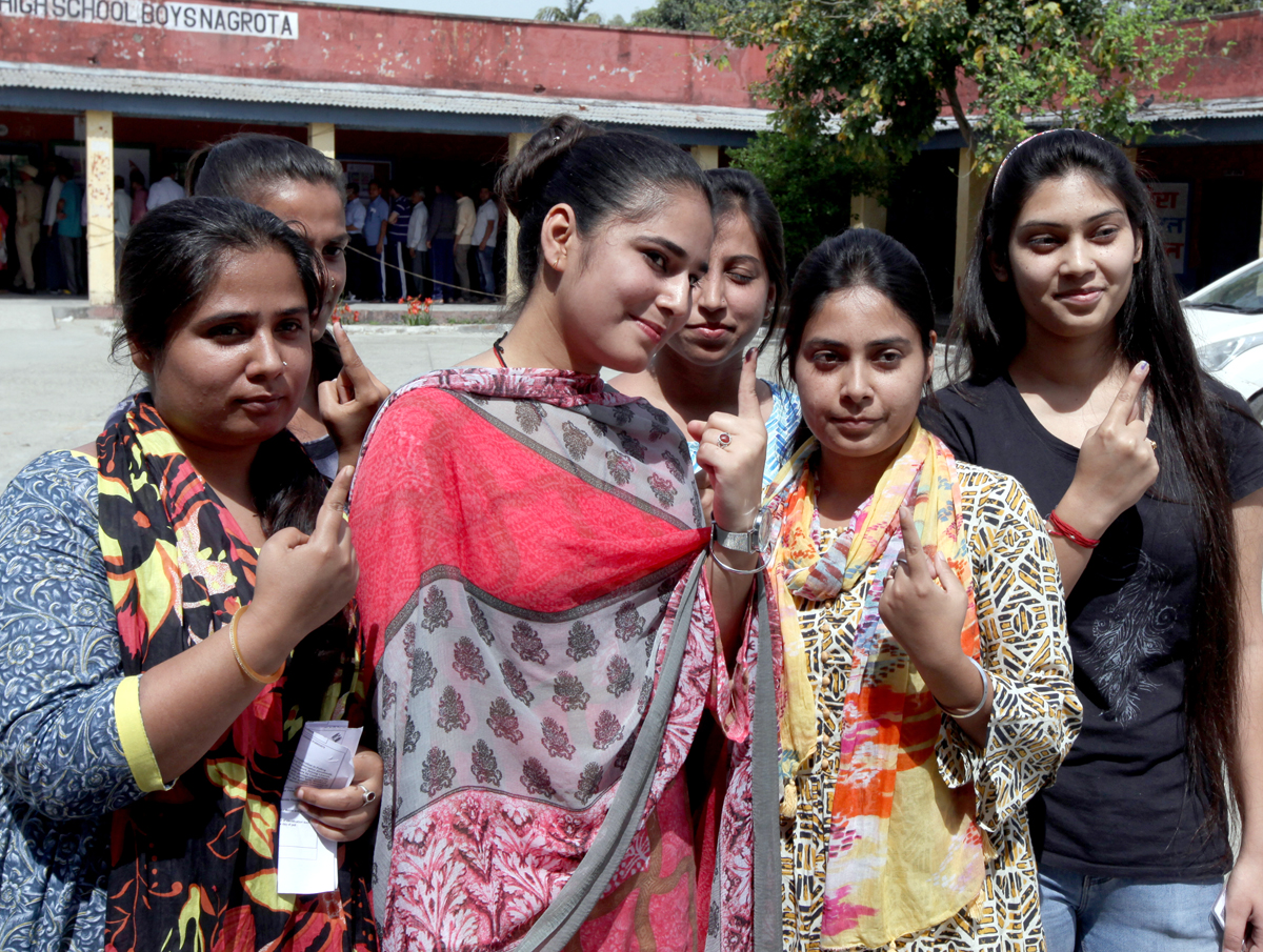 First time voters feel proud after casting their votes. -Excelsior/Rakesh First time voters feel proud after casting their votes. -Excelsior/Rakesh