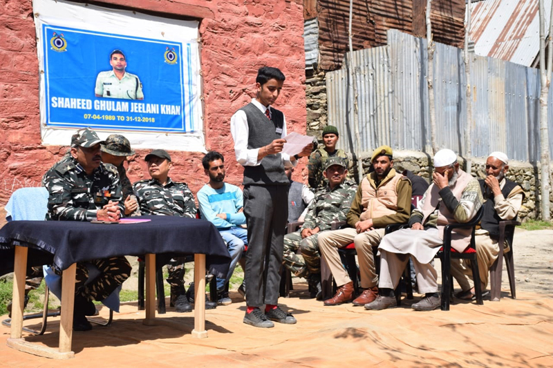 A student speaking about the sacrifices of Shaheed Assistant Commandant Ghulam Jeelani, during a function at Hanifa Model School. A student speaking about the sacrifices of Shaheed Assistant Commandant Ghulam Jeelani, during a function at Hanifa Model School.