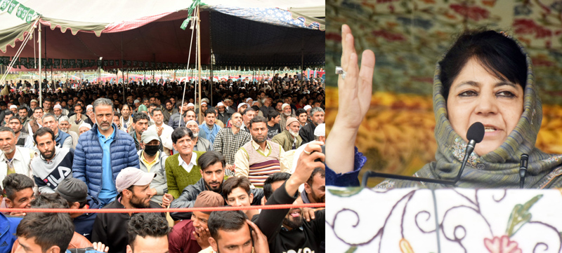 PDP president Mehbooba Mufti addressing an election rally in Budgam on Saturday. —Excelsior/Shakeel PDP president Mehbooba Mufti addressing an election rally in Budgam on Saturday. —Excelsior/Shakeel