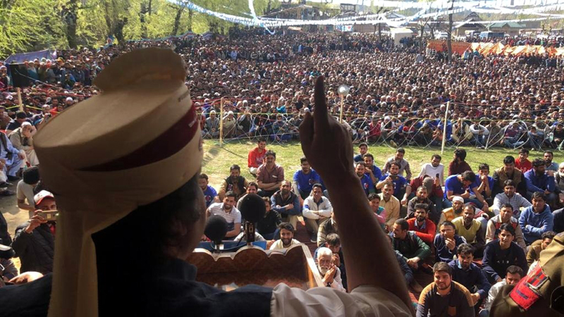 People's Conference chairman Sajad Lone addressing a massive rally on Monday. People's Conference chairman Sajad Lone addressing a massive rally on Monday.