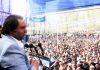 People’s Conference patron Sajad Lone addressing a rally at Hanjiwara Pattan in Baramulla on Sunday. -Excelsior/Aabid Nabi
