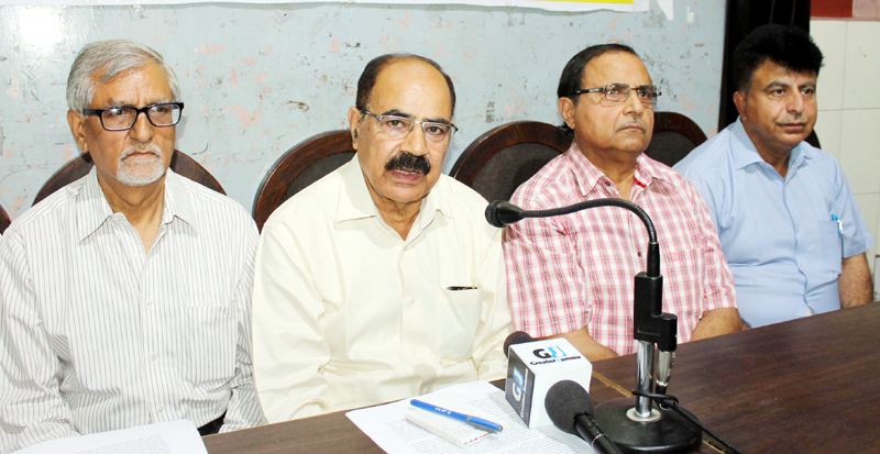 Members of Pt Prem Nath Bhat Memorial Trust during a press conference at Jammu on Sunday. —Excelsior/Rakesh Members of Pt Prem Nath Bhat Memorial Trust during a press conference at Jammu on Sunday. —Excelsior/Rakesh
