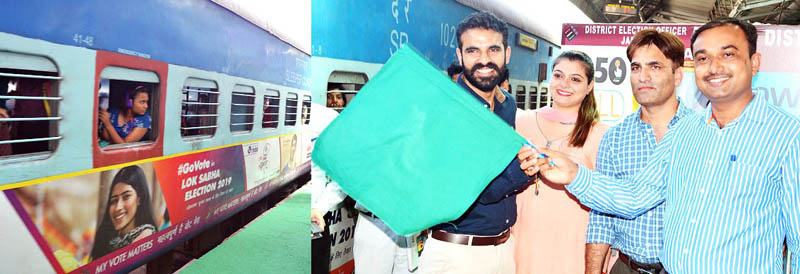 District Election Officer Ramesh Kumar flagging off special train under SVEEP from Jammu Railway Station on Monday. District Election Officer Ramesh Kumar flagging off special train under SVEEP from Jammu Railway Station on Monday.