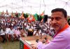 Former Minister & BJP leader, Sham Lal Sharma addressing a public meeting at Akhnoor on Thursday.