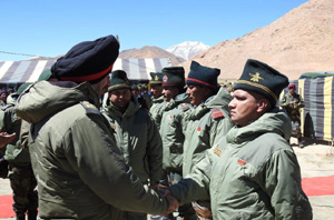 Lt Gen Ranbir Singh interacting with Soldiers in Eastern Ladakh on Tuesday. Lt Gen Ranbir Singh interacting with Soldiers in Eastern Ladakh on Tuesday.