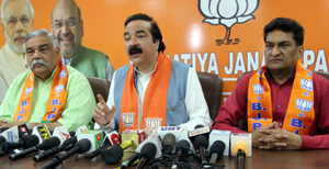 BJP leaders during a press conference at Jammu on Wednesday. BJP leaders during a press conference at Jammu on Wednesday.