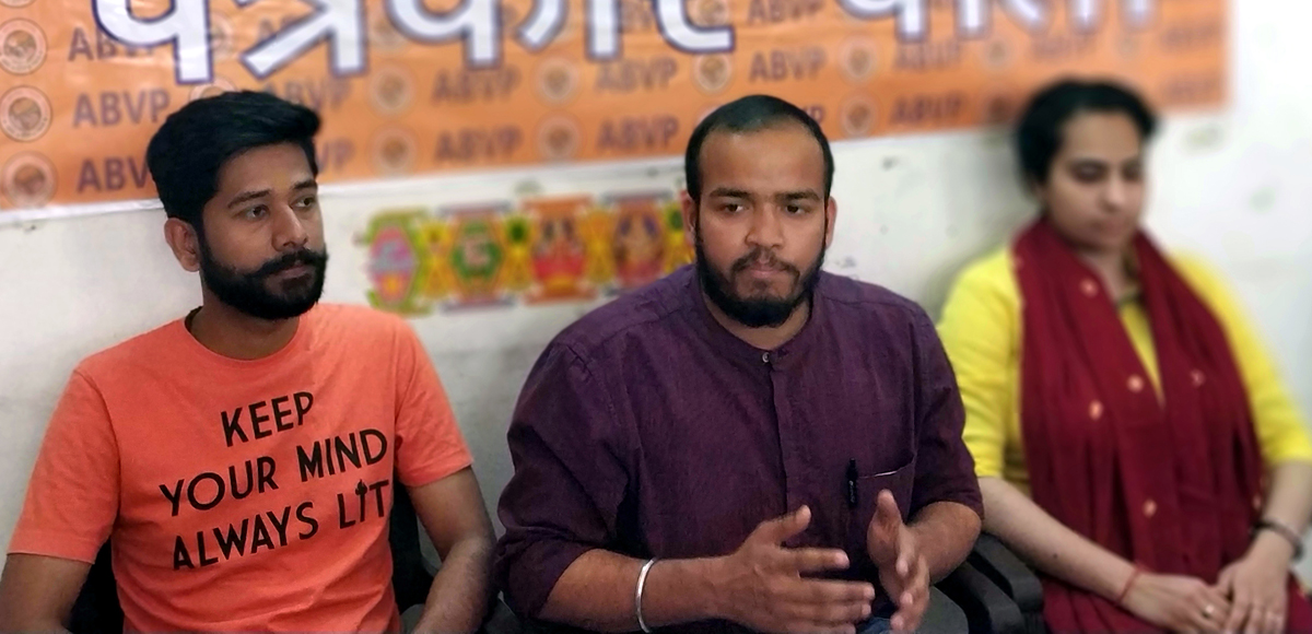 ABVP leaders addressing a press conference at Jammu on Wednesday. ABVP leaders addressing a press conference at Jammu on Wednesday.