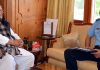 Governor Satya Pal Malik meeting Air Vice Marshal Pankaj Mohan Sinha on Saturday.