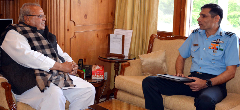 Governor Satya Pal Malik meeting Air Vice Marshal Pankaj Mohan Sinha on Saturday. Governor Satya Pal Malik meeting Air Vice Marshal Pankaj Mohan Sinha on Saturday.