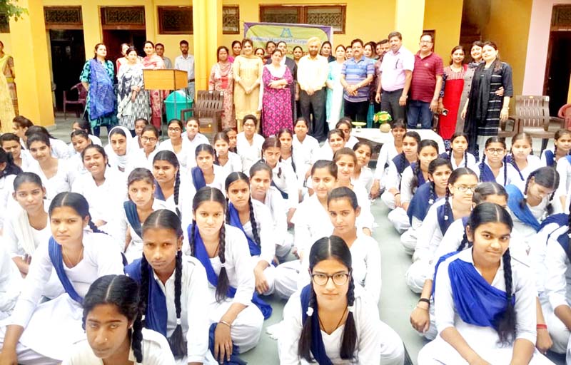 Students posing along with JMC members, school management and staff during awareness programme at GGHSS Nowabad in Jammu. Students posing along with JMC members, school management and staff during awareness programme at GGHSS Nowabad in Jammu.