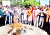 BJP leaders protesting in front of Press Club Jammu on Monday.