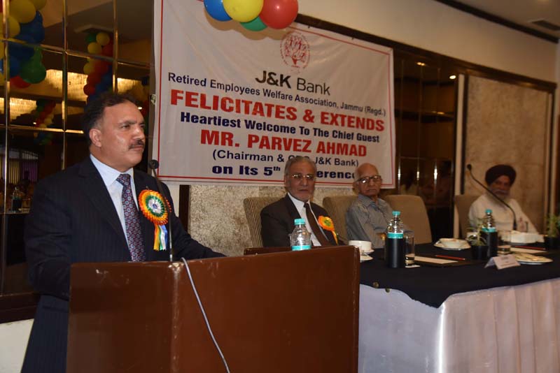 Chairman J&K Bank Parvez Ahmed addressing retired employees of the bank on Thursday. Chairman J&K Bank Parvez Ahmed addressing retired employees of the bank on Thursday.