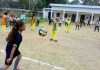 A player serving during the final of under-14 girls Volleyball event at GHS Satwari Cantonment in Jammu on Friday.